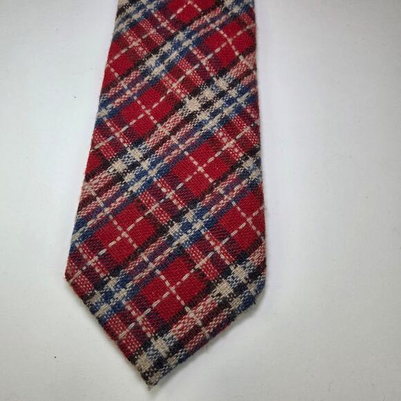 Vintage Kings Lynn Wool Plaid Tie Red Navy Cream Tartan 4” Wide 70s Preppy Style - Picture 2 of 8